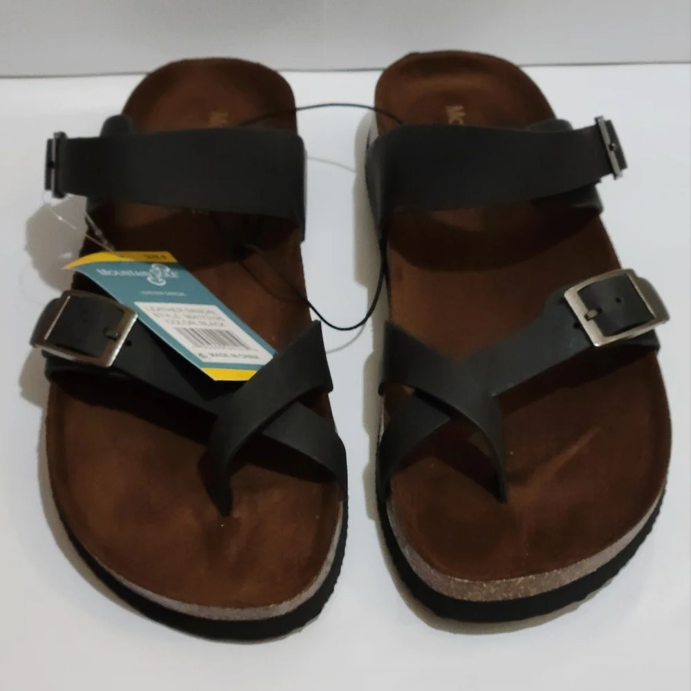 Mountain Sole Women's Leather Footbed Sandals‎ Black Adjustable Buckle
